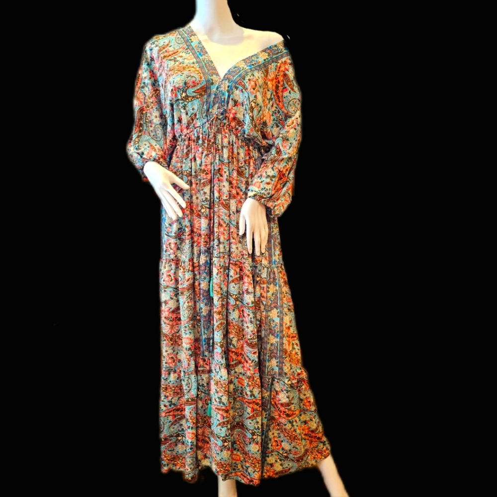 KARMA Hwy Ruffle Hem BoHo Dress Aqua/pink NWT OS